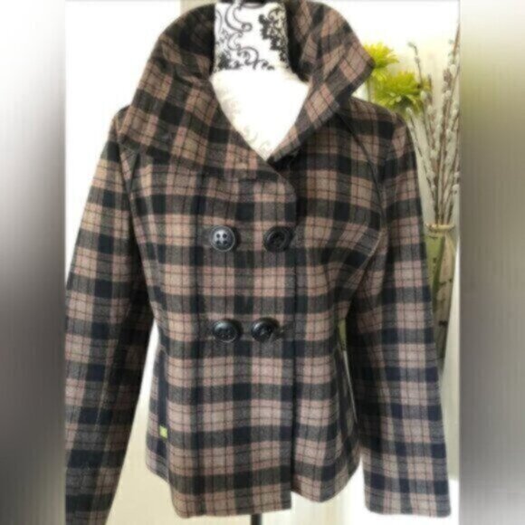 Soia & Kyo  Plaid Wool Pea Coat Womens Sz Large - Picture 2 of 10